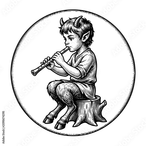Cuadro en lienzo A young mythical faun plays a simple wooden flute while seated on a tree stump