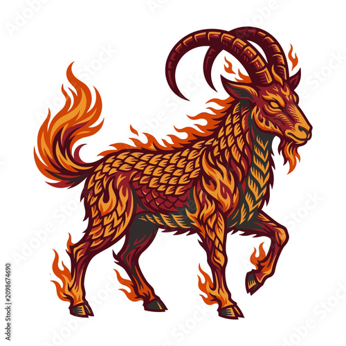 Photography Mythical fire goat creature with burning mane and curved horns