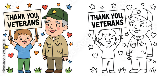 Veterans Day coloring page with color guide vector illustration, cute boy holding thank you sign next to old military veteran soldier character