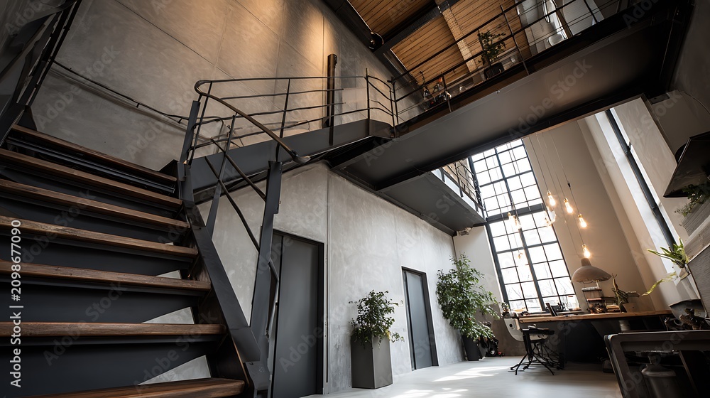 Obraz premium Modern industrial loft interior with metal staircase and tall windows.