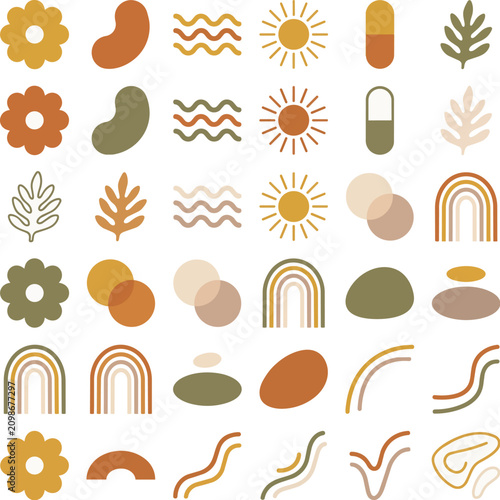 Minimalist boho abstract shapes collection featuring earthy terracotta and sage flowers, suns, and rainbow elements for modern design concepts