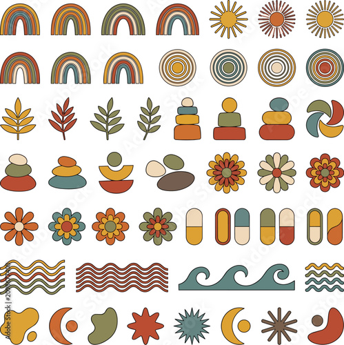 Vibrant collection of cheerful boho aesthetic graphics featuring stylized rainbows, suns, floral patterns, and organic shapes, perfect for trendy designs and lifestyle content