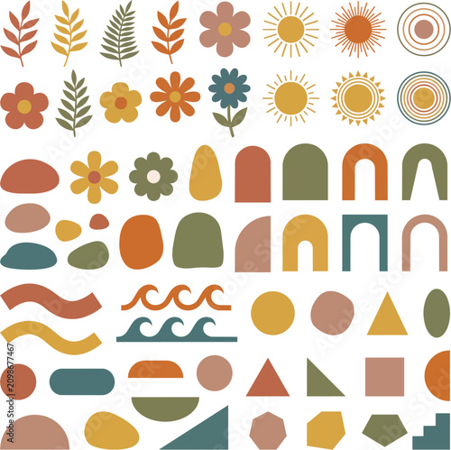 Boho Vector Design Elements Set with Flowers Leaves Arches and Geometric Shapes in Earthy Tones