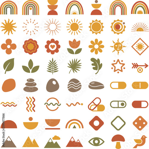 Boho Minimalist Earth Tone Icon Set Featuring Sun Rainbow Nature Leaf and Geometric Shape Illustrations