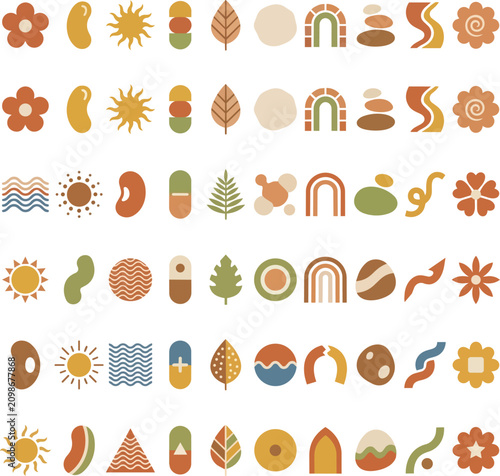 Boho abstract organic shapes and minimalist botanical icons set in terracotta and earth tone colors