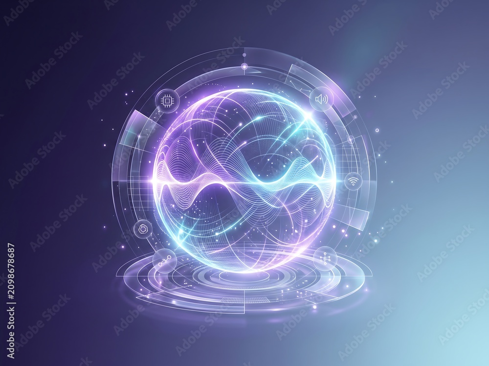 Fototapeta premium A futuristic robotic process automation concept with glowing blue and purple circuits on a sleek metallic base in a dark studio environment.