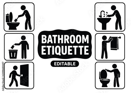 Bathroom Etiquette Icons Collection for Restroom Rules Editable Vector Set