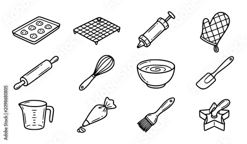 Hand Drawn Baking Equipment and Pastry Tools Doodle Icon Set Vector