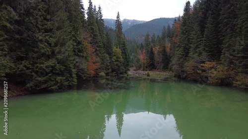Drone flight over forest lake in mountain wilderness