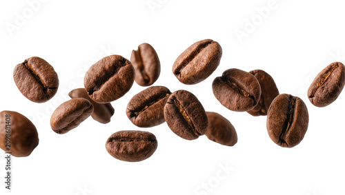 Roasted coffee beans scattered in mid-air, isolated on transparent background