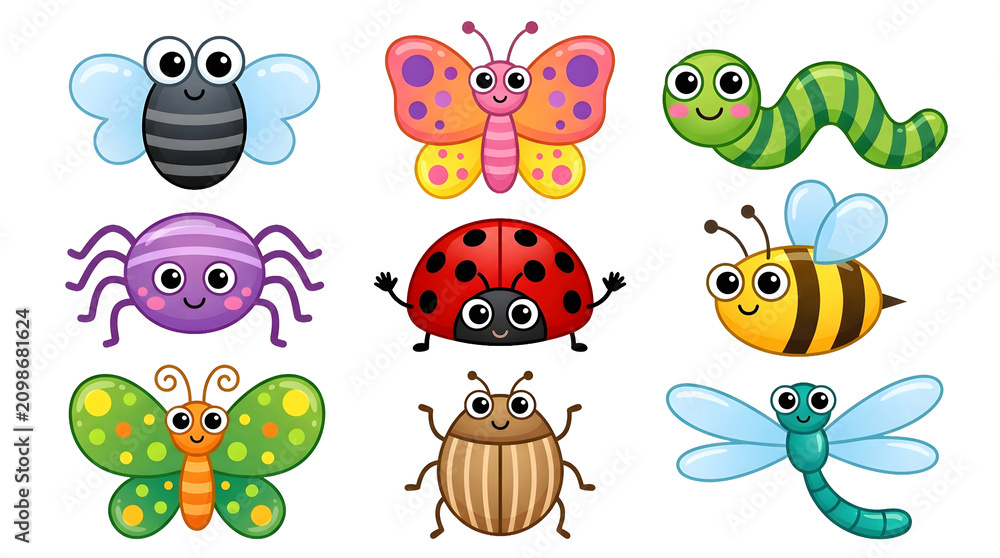 Naklejka premium Cute cartoon insects set with ladybug bee caterpillar spider and snail