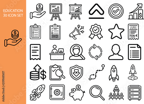 Business and finance line icon set featuring financial growth, educational charts, clipboard checklists, rocket launch, and secure transactions