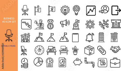 Comprehensive collection of essential business and management concept line icons, ideal for corporate presentations, financial reports, and strategic planning visuals