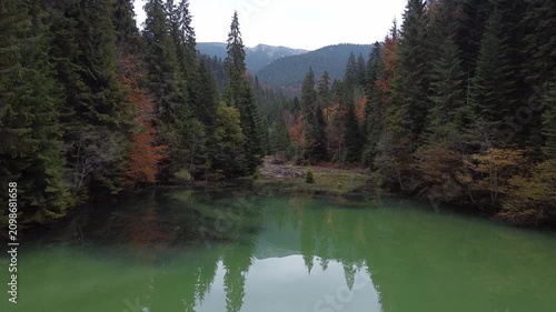 Scenic aerial panorama of mountain lake and evergreen forest