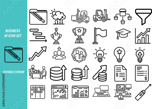 Comprehensive Set of Professional Business and Corporate Management Outline Icons for Financial Data Analysis and Project Planning