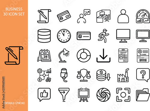 Professional set of corporate icons representing business management concepts like finance, technology, data analysis, and office workflow