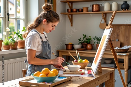 Young artist painting still life of citrus fruits indoors
