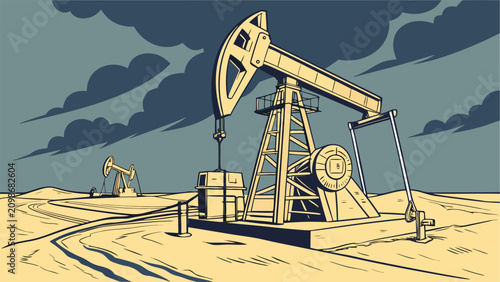 Fotografie Active oilfield machinery in desert under threatening storm clouds