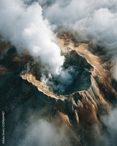 Aerial perspective of a mountain, its crater spewing thick smoke into the cloudy atmosphere