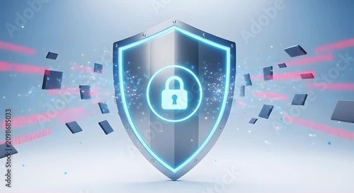 Digital shield with padlock icon protecting data from cyber attacks.