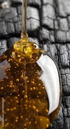 Close up of honey drop on burnt wood texture.