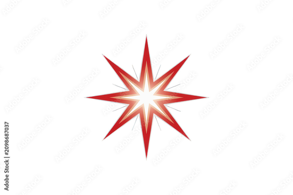 Fototapeta premium Red sparkling eight point star with glowing central lightburst creating a lens flare effect on transparent background