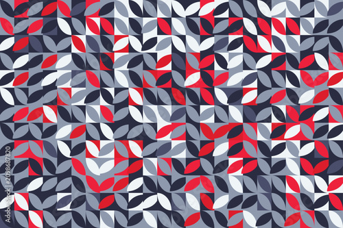 Geometric abstract mosaic pattern with red and navy blue leaf petals forming a modern decorative grid backdrop