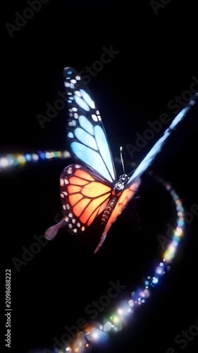 Glowing monarch butterfly with digital neon wing patterns.