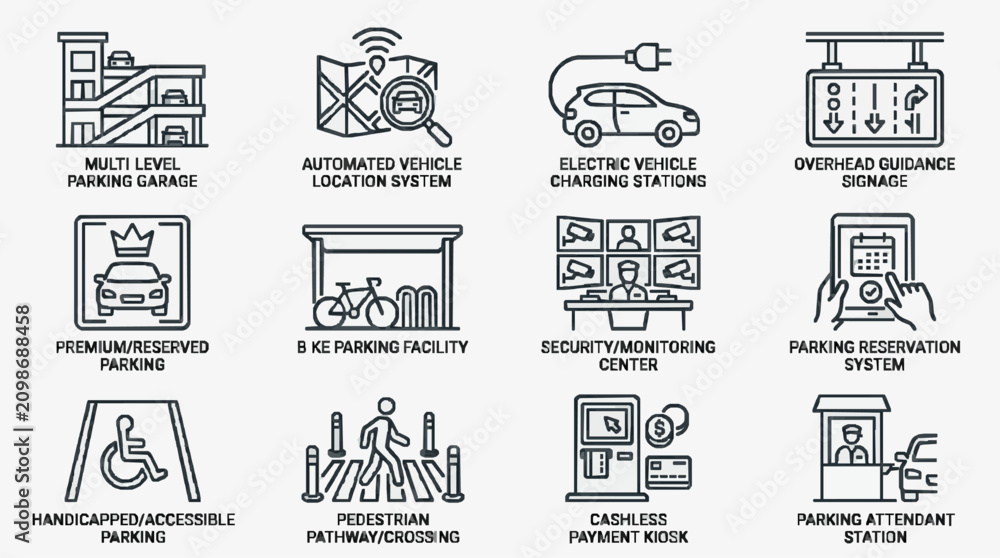 Obraz premium Modern Black and White Line Icons Set Featuring Advanced Parking Solutions and Accessibility Features