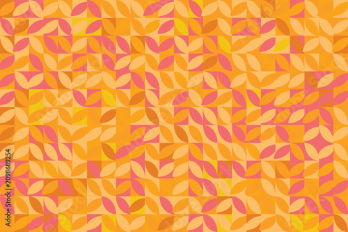 Vibrant Warm Color Abstract Geometric Background with Repeating Symmetrical Leaf Petal Shapes in Orange Yellow and Pink