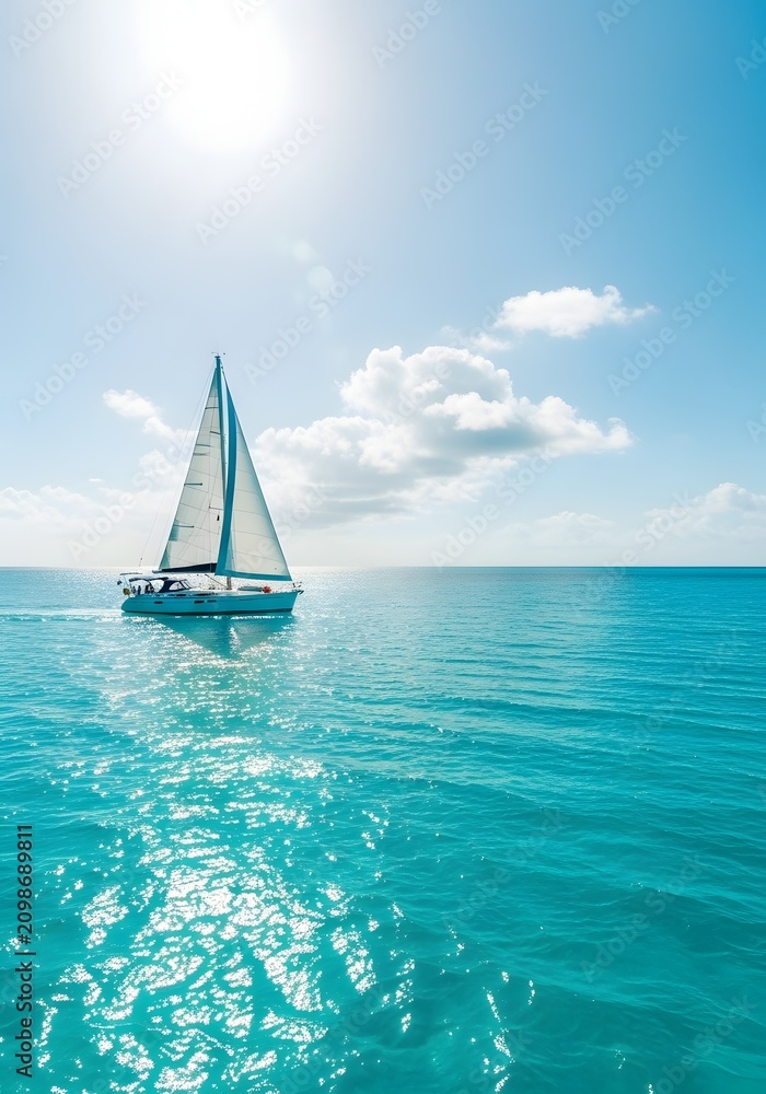 Fototapeta premium White sailboat sailing on turquoise tropical ocean water under a bright sunny sky.