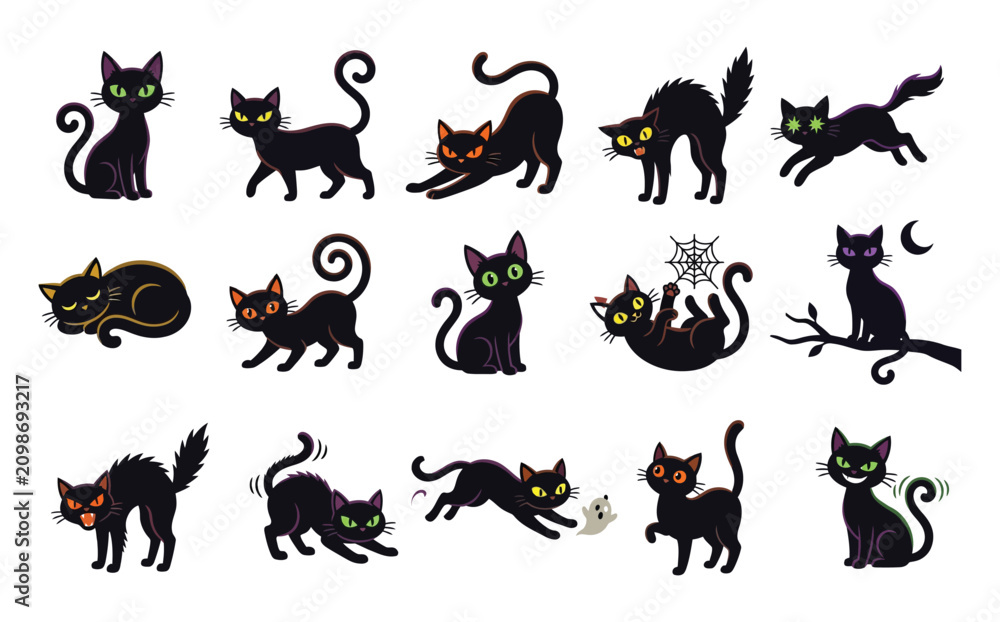 Obraz premium Collection of playful black cats in various poses with halloween elements on a white background