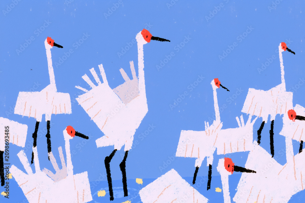 Obraz premium An illustration of a flock of white cranes over a blue background