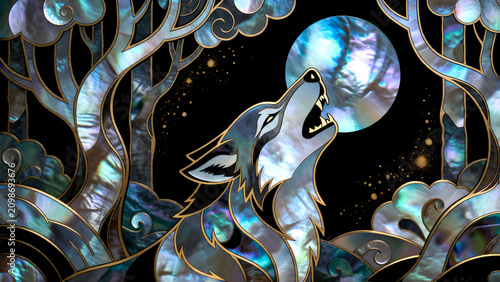 A stylized wolf howling at a glowing moon in a dark forest made of iridescent mother of pearl inlay.