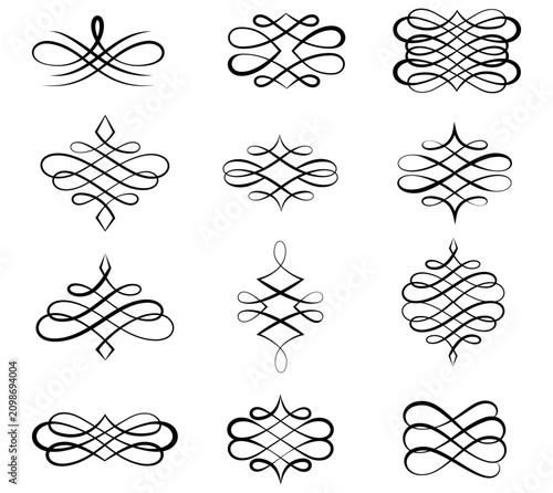 Calligraphic swirl floral ornaments. Modern swirling flourishes, wreath, romantic card decorative swirl and wedding card decor curls swirls