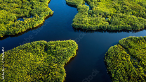 Aerial view of lush green marshland with winding blue waterways, showcasing the beauty of untouched nature.