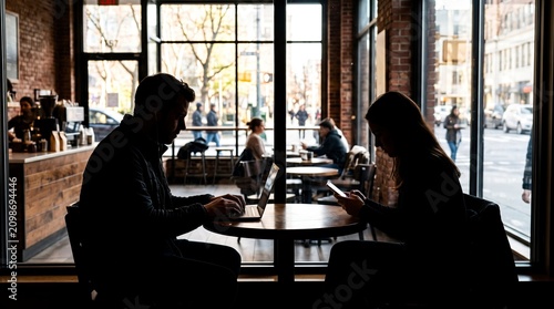 Silhouetted couple working on laptop and smartphone in a modern city cafe against bright windows