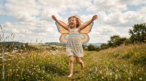 Joyful Little Girl with Butterfly Wings Running Through Summer Wildflower Meadow