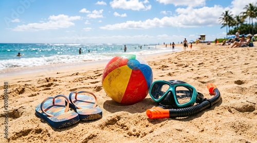 Summer vacation concept with colorful beach ball, flip-flops, and snorkeling gear on a sunny tropical beach with turquoise water