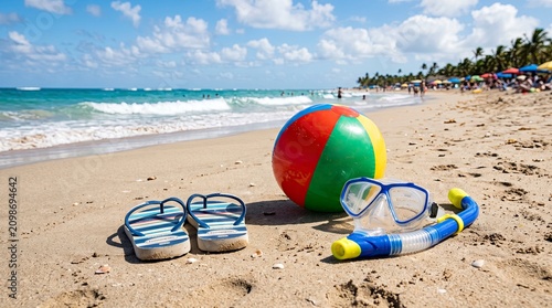 Summer Vacation Essentials on Tropical Sandy Beach with Beach Ball and Snorkel Gear