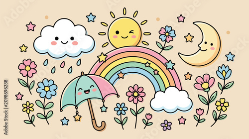 Cute cartoon weather and nature vector with winking sun raining cloud and flowers