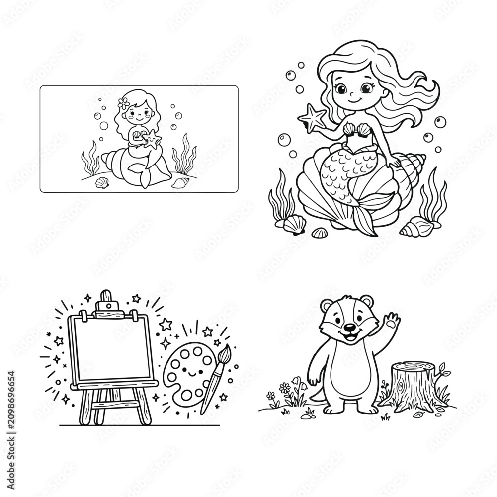 Fototapeta premium Charming black and white illustrations for children's books and coloring pages