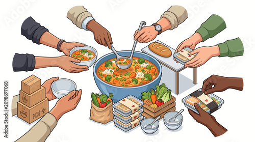 Overhead view of diverse hands serving and taking food from a large communal pot surrounded by plates and ingredients on a white background.