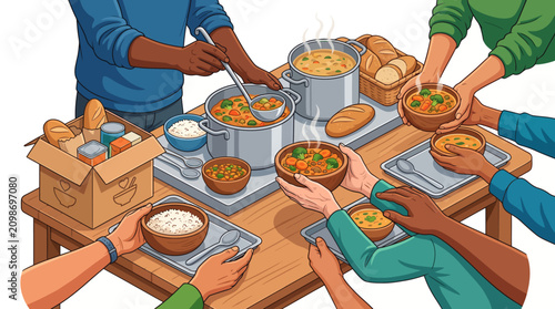 Illustration of diverse people serving and eating food from a communal table with various dishes and utensils.