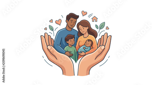 Bild auf Leinwand Illustration of a family with two children being cradled in a pair of hands with hearts and leaves surrounding them on a white background