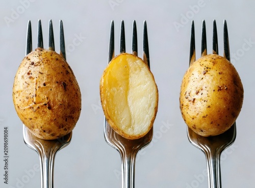 Three silver forks each impaling a roasted potato with one halved to show interior texture against a light gray
