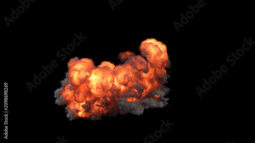 Dynamic explosion with orange and yellow flames and intense bright core with billowing smoke rises from the ground transitioning to darker edges on a black background
