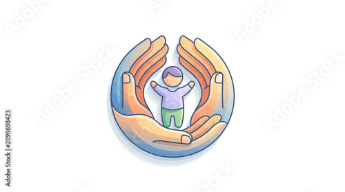 Cartoon illustration of a person standing confidently inside a circle formed by two protective hands with a vibrant and supportive mood.