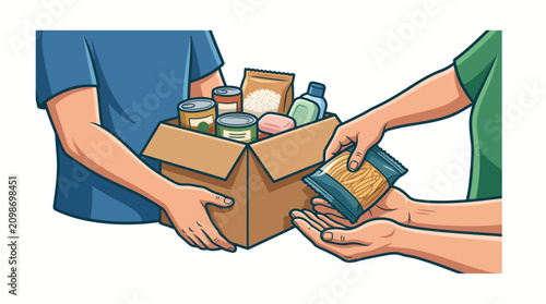 Obraz na płótnie Illustration of two people exchanging a cardboard box filled with food items on a plain white background