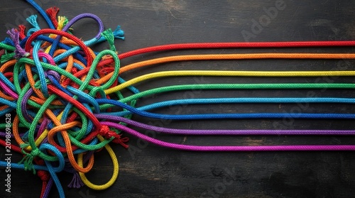 Colorful Tangled Ropes Transforming into Organized Parallel Lines Concept
